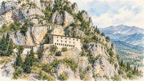 Watercolour: Sant’Onofrio al Morrone’s small hermitage against the rocky slope.