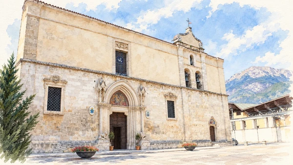 Watercolour: The broad pale facade and entrance of San Panfilo cathedral.