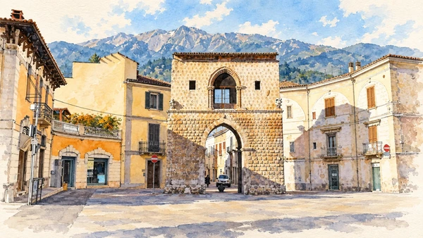 Watercolour: The surviving stone gateway of Porta Napoli.