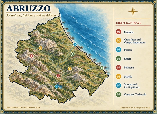 Illustrated map of Abruzzo with eight numbered Merlintravel gateways