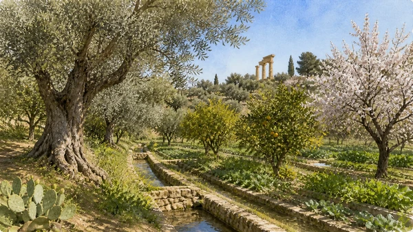 Agrigento and the Valley of the Temples: Complete Guide to the Living City and Ancient Akragas 28 Documentary watercolour of Kolymbethra garden at Agrigento with irrigated citrus, old olive trees, stone channels and temple remains glimpsed through the cultivated valley
