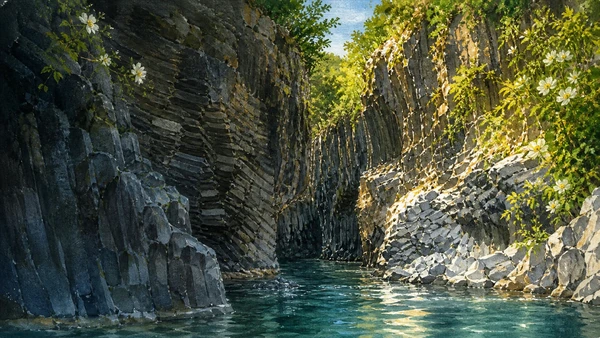 Documentary watercolour of the Alcantara river flowing through dark columnar basalt walls with cool blue-green water, ferns, willows, spring flowers and highland light