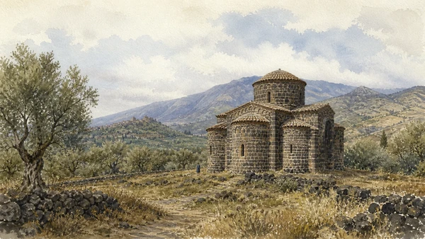 Alcantara Valley: River, Lava Gorges and the Northern Etna Towns 2 Documentary watercolour of the Cuba of Santa Domenica with its dark stone dome and apses among lava walls and olive trees in the Alcantara Valley
