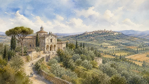 Original documentary watercolour showing Santissima Annunziata and the Amerini landscape in its Amelia urban or landscape context