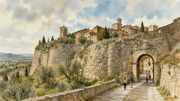 Original documentary watercolour showing Polygonal walls and Porta Romana in its Amelia urban or landscape context