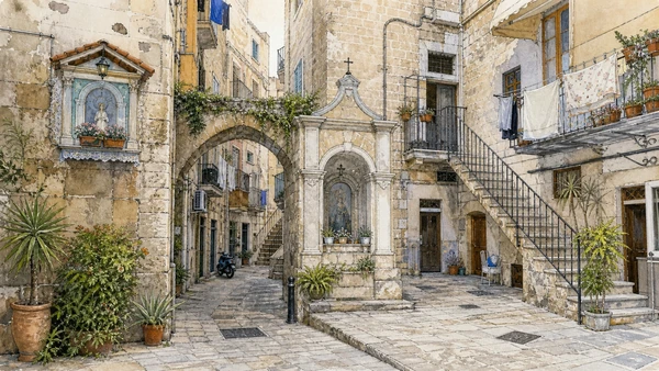 Bari and the Adriatic Capital: Complete Guide 6 Original documentary watercolour of Bari Vecchia: inhabited lanes around courts and shrines in Bari · Puglia, showing accurate architecture, landscape and present-day use
