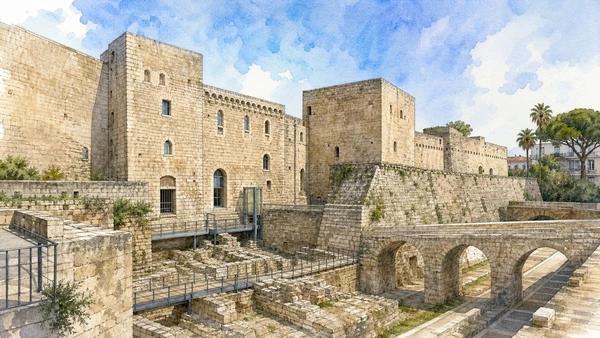 Bari and the Adriatic Capital: Complete Guide 4 Original documentary watercolour of Swabian Castle: fortress, court and museum in Bari · Puglia, showing accurate architecture, landscape and present-day use