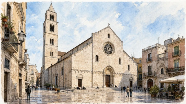 Bari and the Adriatic Capital: Complete Guide 3 Original documentary watercolour of Bari Cathedral: San Sabino beneath later rebuilding in Bari · Puglia, showing accurate architecture, landscape and present-day use