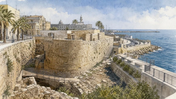 Bari and the Adriatic Capital: Complete Guide 7 Original documentary watercolour of Fortino Sant'Antonio and the sea walls in Bari · Puglia, showing accurate architecture, landscape and present-day use