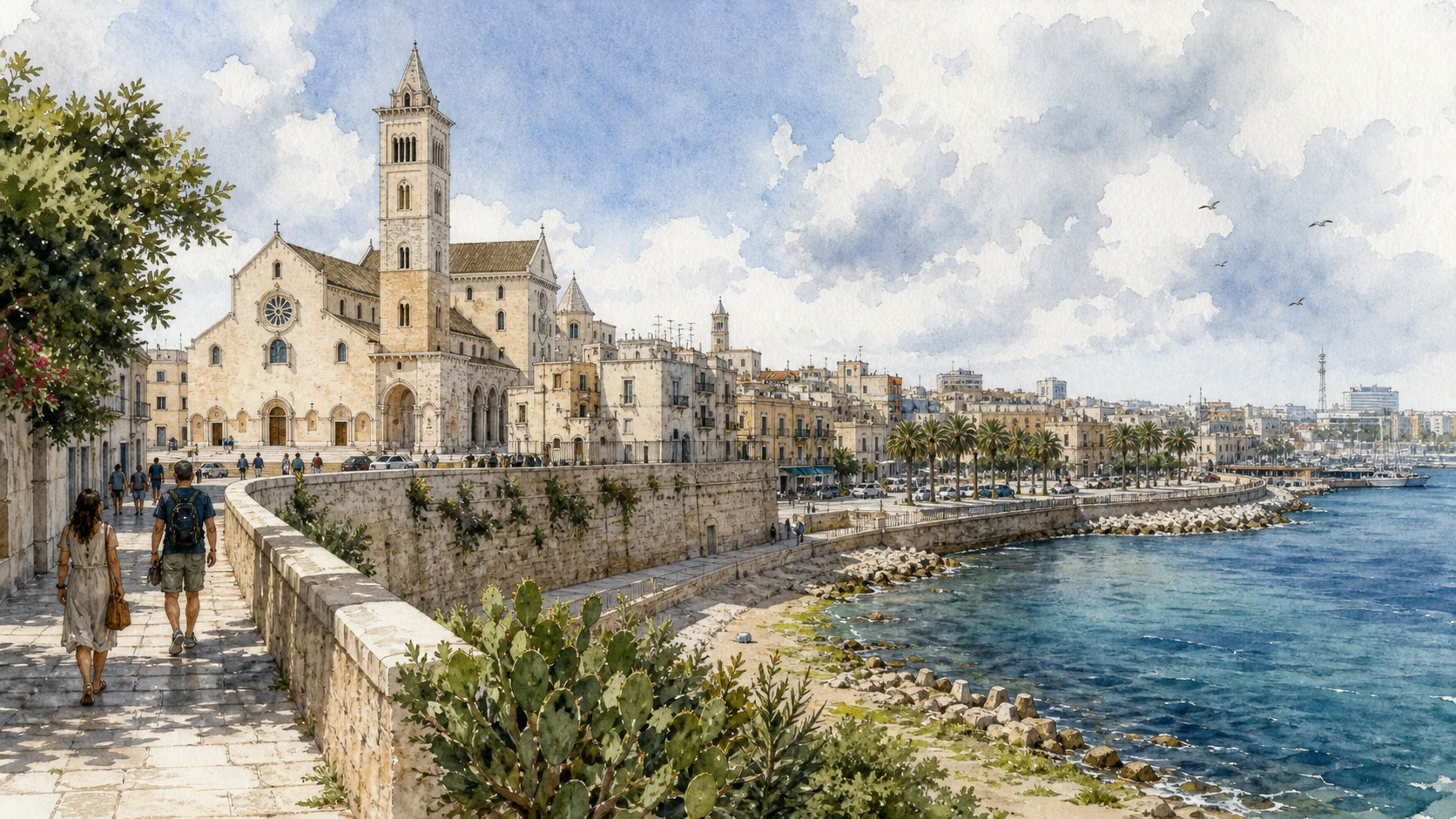Bari and the Adriatic Capital: Complete Guide 1 Original documentary watercolour panorama for Bari and the Adriatic Capital: Complete Guide, with accurate Puglian architecture, landscape and lived context