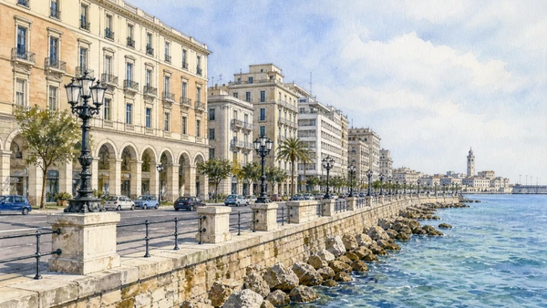 Bari and the Adriatic Capital: Complete Guide 9 Original documentary watercolour of The Lungomare: a twentieth-century civic facade in Bari · Puglia, showing accurate architecture, landscape and present-day use