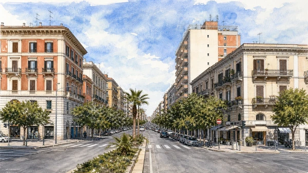 Bari and the Adriatic Capital: Complete Guide 11 Original documentary watercolour of Murat district: the grid beyond the old city in Bari · Puglia, showing accurate architecture, landscape and present-day use