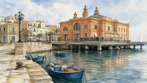 Bari and the Adriatic Capital: Complete Guide 8 Original documentary watercolour of Old harbour and Teatro Margherita: water, fish and adaptive reuse in Bari · Puglia, showing accurate architecture, landscape and present-day use