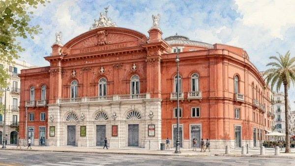 Bari and the Adriatic Capital: Complete Guide 10 Original documentary watercolour of Teatro Petruzzelli: performance, fire and reconstruction in Bari · Puglia, showing accurate architecture, landscape and present-day use
