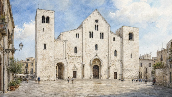Bari and the Adriatic Capital: Complete Guide 2 Original documentary watercolour of Basilica of Saint Nicholas: pilgrimage and Adriatic connection in Bari · Puglia, showing accurate architecture, landscape and present-day use