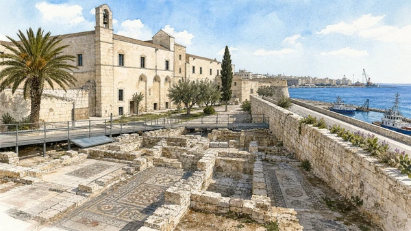 Bari and the Adriatic Capital: Complete Guide 5 Original documentary watercolour of Santa Scolastica: archaeology at the old city's edge in Bari · Puglia, showing accurate architecture, landscape and present-day use