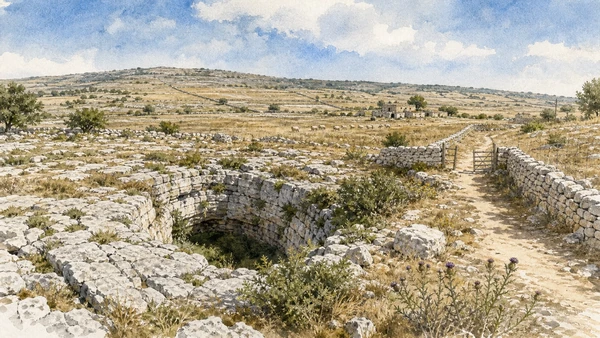 Original documentary watercolour of Alta Murgia: steppe, limestone and working land in Alta Murgia · Puglia, showing accurate architecture, landscape and present-day use