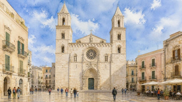 Original documentary watercolour of Altamura Cathedral and the planned medieval centre in Alta Murgia · Puglia, showing accurate architecture, landscape and present-day use
