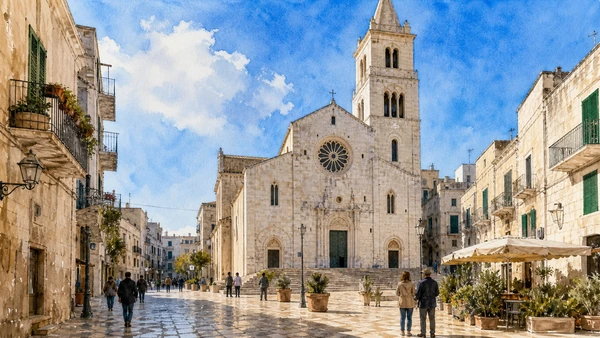 Original documentary watercolour of Andria: cathedral, ducal city and Frederick's memory in Alta Murgia · Puglia, showing accurate architecture, landscape and present-day use