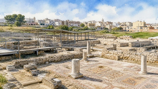 Original documentary watercolour of Canosa di Puglia: Daunian, Roman and early Christian city in Alta Murgia · Puglia, showing accurate architecture, landscape and present-day use