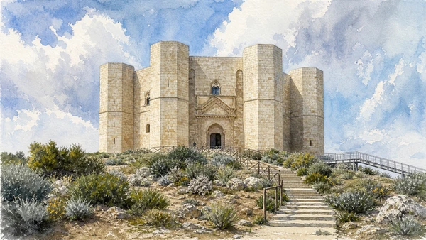 Original documentary watercolour of Castel del Monte: geometry without a simple label in Alta Murgia · Puglia, showing accurate architecture, landscape and present-day use