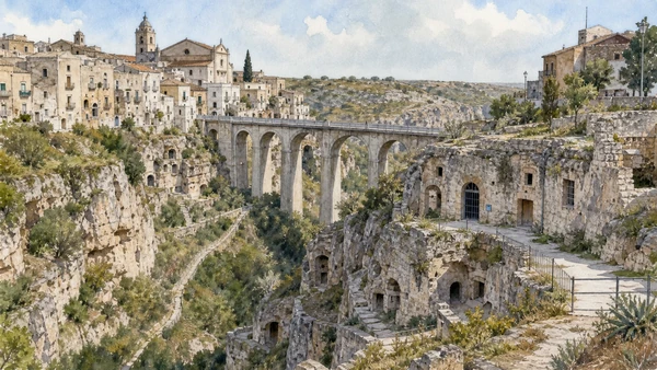 Original documentary watercolour of Gravina in Puglia: ravine, bridge and rock settlement in Alta Murgia · Puglia, showing accurate architecture, landscape and present-day use