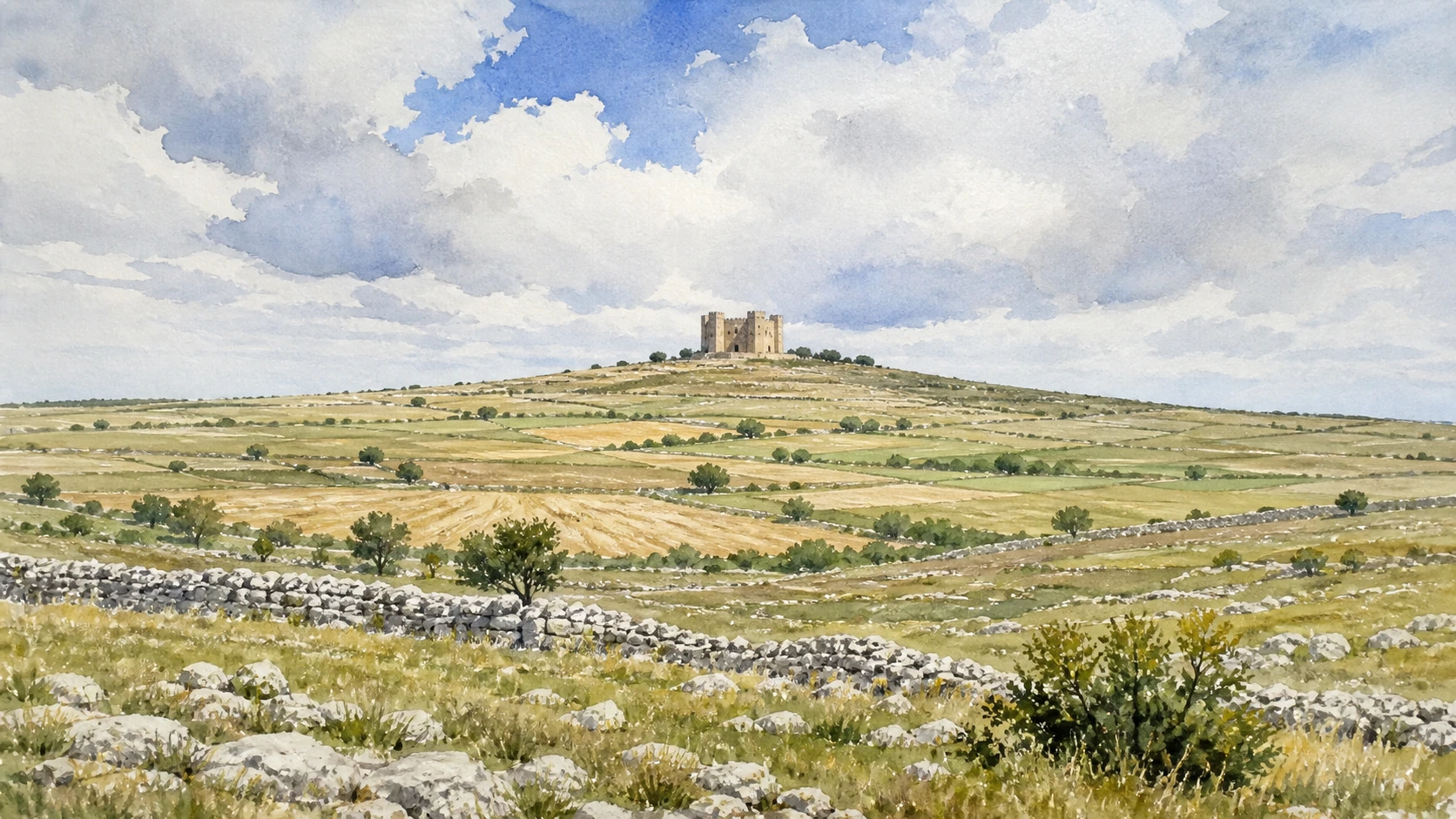 Original documentary watercolour panorama for Castel del Monte and Alta Murgia: Complete Guide, with accurate Puglian architecture, landscape and lived context