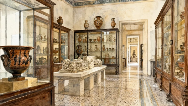 Original documentary watercolour of Museo Jatta: a nineteenth-century collection kept in place in Alta Murgia · Puglia, showing accurate architecture, landscape and present-day use