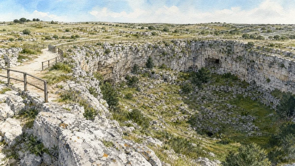 Original documentary watercolour of Pulo di Altamura: karst, archaeology and fragile access in Alta Murgia · Puglia, showing accurate architecture, landscape and present-day use