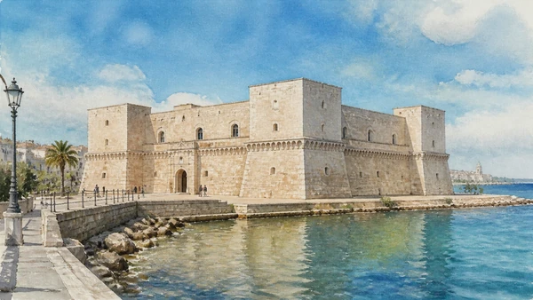 Original documentary watercolour of Trani Castle: royal control beside cathedral and port in Alta Murgia · Puglia, showing accurate architecture, landscape and present-day use