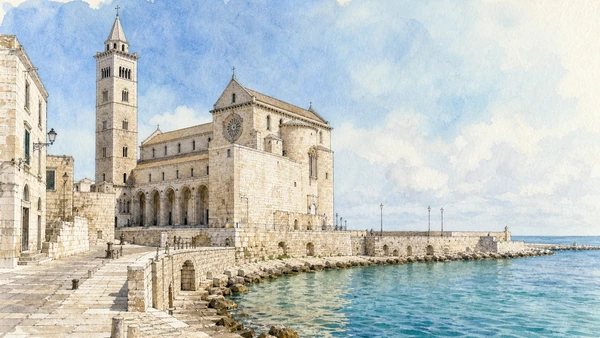 Original documentary watercolour of Trani Cathedral: Romanesque stone at the harbour edge in Alta Murgia · Puglia, showing accurate architecture, landscape and present-day use