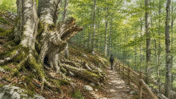 Original documentary watercolour of Foresta Umbra: ancient beech woods within the promontory in Gargano and Tremiti · Puglia, showing accurate architecture, landscape and present-day use