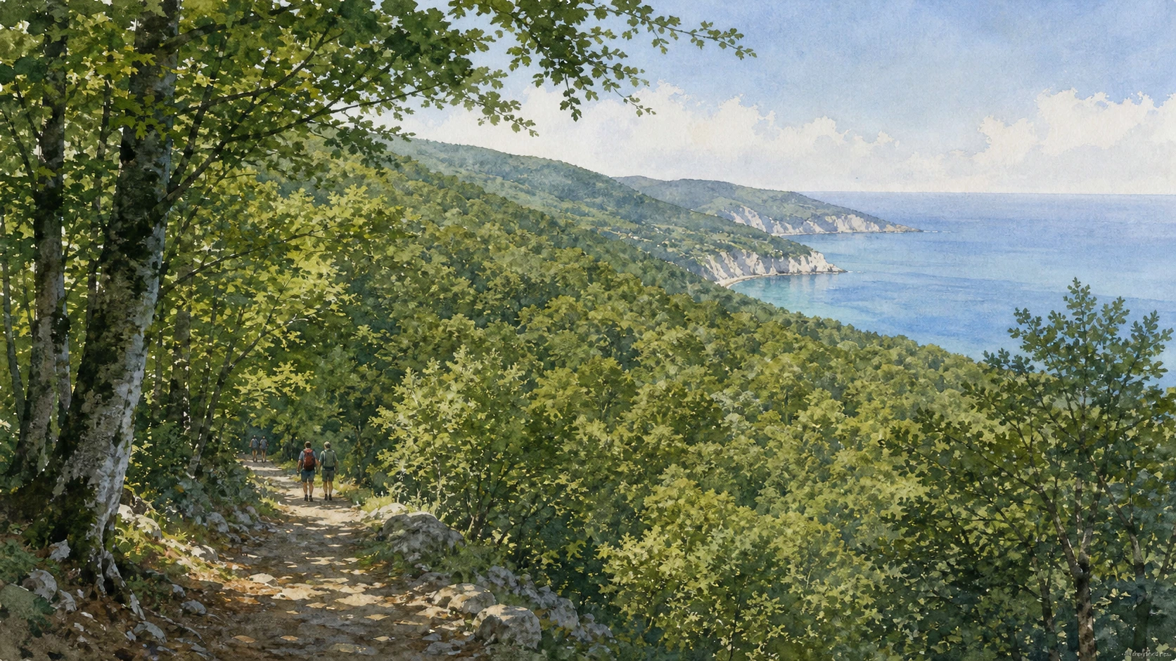 Original documentary watercolour panorama for Gargano and Tremiti Islands: Complete Guide, with accurate Puglian architecture, landscape and lived context