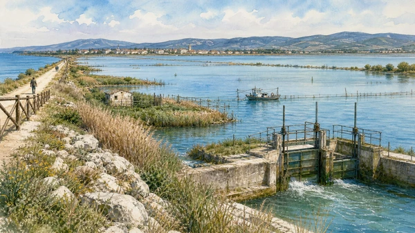 Original documentary watercolour of Lesina and Varano: lagoons, fishing and wetland change in Gargano and Tremiti · Puglia, showing accurate architecture, landscape and present-day use