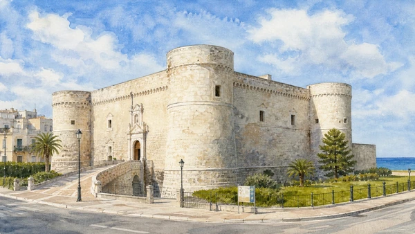 Original documentary watercolour of Manfredonia Castle and the Daunian stelae in Gargano and Tremiti · Puglia, showing accurate architecture, landscape and present-day use