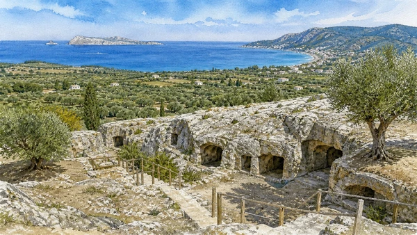 Original documentary watercolour of Mattinata and Monte Saraceno: Daunian landscape above the sea in Gargano and Tremiti · Puglia, showing accurate architecture, landscape and present-day use
