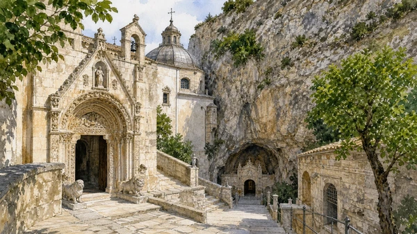 Original documentary watercolour of Monte Sant'Angelo: the sanctuary and the sacred cave in Gargano and Tremiti · Puglia, showing accurate architecture, landscape and present-day use