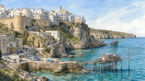 Original documentary watercolour of Peschici: cliff settlement and trabucchi coast in Gargano and Tremiti · Puglia, showing accurate architecture, landscape and present-day use