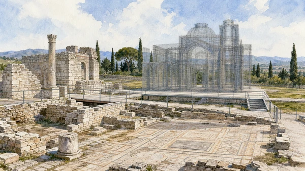 Original documentary watercolour of Siponto: basilicas, archaeology and contemporary wire volume in Gargano and Tremiti · Puglia, showing accurate architecture, landscape and present-day use