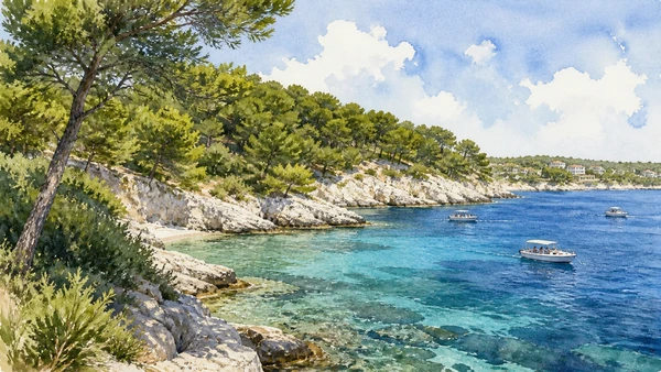 Original documentary watercolour of San Domino and the marine reserve in Gargano and Tremiti · Puglia, showing accurate architecture, landscape and present-day use