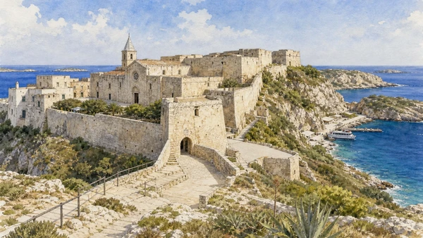 Original documentary watercolour of San Nicola in the Tremiti: abbey and fortified island in Gargano and Tremiti · Puglia, showing accurate architecture, landscape and present-day use