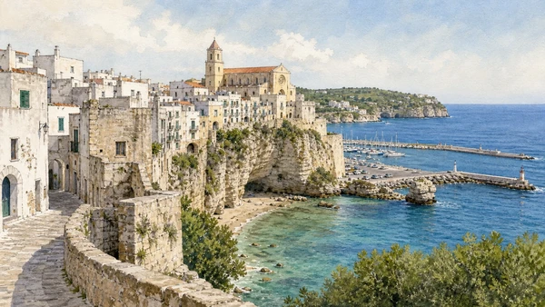 Original documentary watercolour of Vieste: old town, harbour and limestone coast in Gargano and Tremiti · Puglia, showing accurate architecture, landscape and present-day use