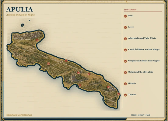 Illustrated map of Apulia with eight numbered Merlintravel gateways