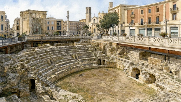 Lecce: Roman City and Baroque Stone — Complete Guide 2 Original documentary watercolour of Roman Amphitheatre: Lupiae beneath Piazza Sant'Oronzo in Lecce · Puglia, showing accurate architecture, landscape and present-day use