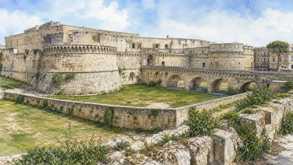 Lecce: Roman City and Baroque Stone — Complete Guide 7 Original documentary watercolour of Castle of Charles V: fortification beneath cultural reuse in Lecce · Puglia, showing accurate architecture, landscape and present-day use