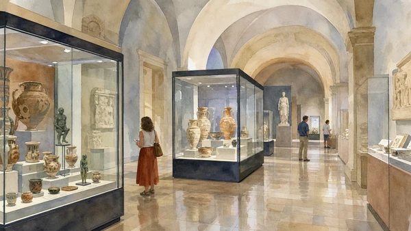 Lecce: Roman City and Baroque Stone — Complete Guide 8 Original documentary watercolour of Museo Castromediano: Salento before the Baroque in Lecce · Puglia, showing accurate architecture, landscape and present-day use