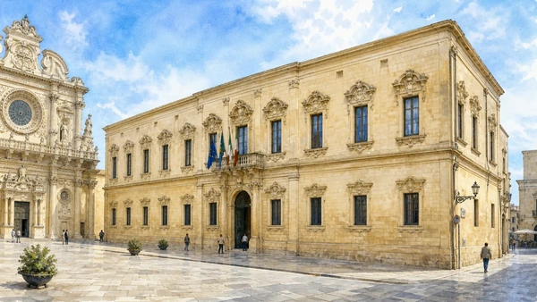 Lecce: Roman City and Baroque Stone — Complete Guide 5 Original documentary watercolour of Palazzo dei Celestini: monastery transformed into government in Lecce · Puglia, showing accurate architecture, landscape and present-day use