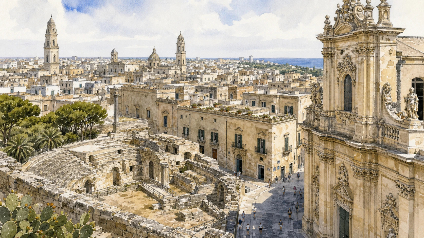 Lecce: Roman City and Baroque Stone — Complete Guide 1 Original documentary watercolour panorama for Lecce: Roman City and Baroque Stone — Complete Guide, with accurate Puglian architecture, landscape and lived context