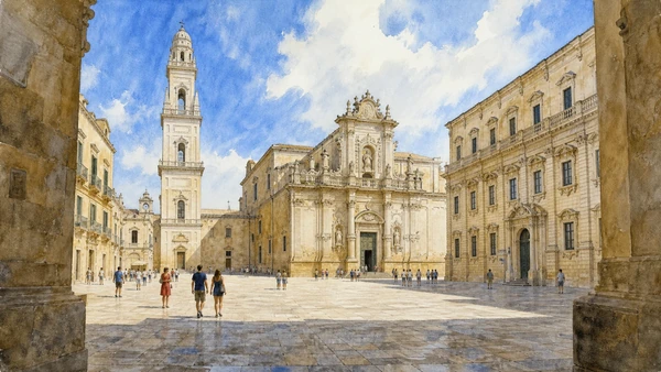 Lecce: Roman City and Baroque Stone — Complete Guide 6 Original documentary watercolour of Piazza Duomo: a controlled sacred enclosure in Lecce · Puglia, showing accurate architecture, landscape and present-day use