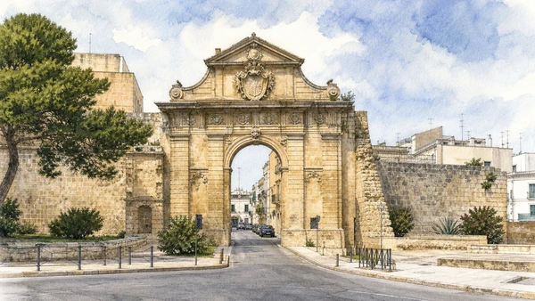 Lecce: Roman City and Baroque Stone — Complete Guide 9 Original documentary watercolour of Porta Napoli and the city thresholds in Lecce · Puglia, showing accurate architecture, landscape and present-day use